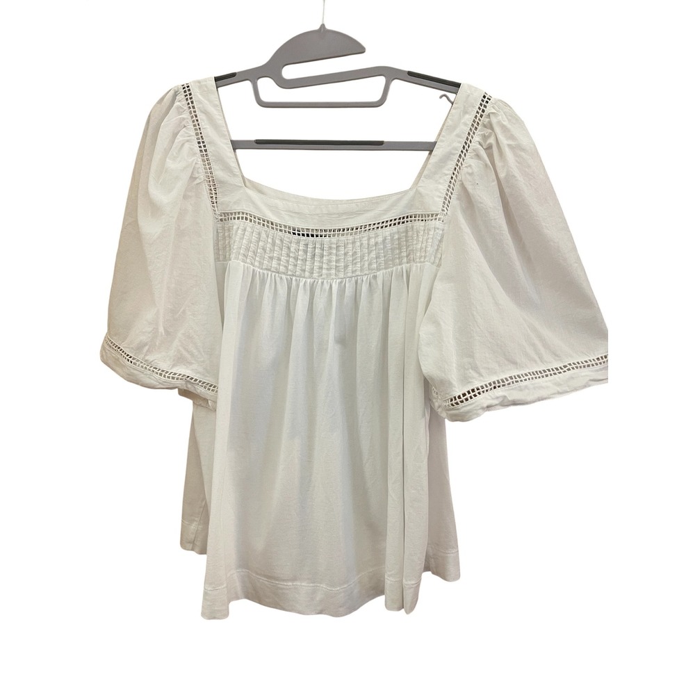 Banana Republic White Puff Sleeve Square Neck Ladder Lace Pintuck Blouse M